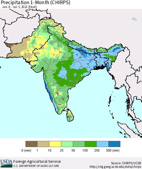 Southern Asia Precipitation 1-Month (CHIRPS) Thematic Map For 6/6/2021 - 7/5/2021