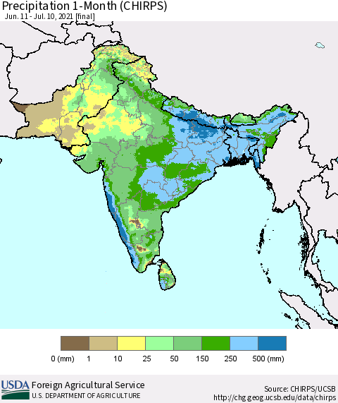 Southern Asia Precipitation 1-Month (CHIRPS) Thematic Map For 6/11/2021 - 7/10/2021