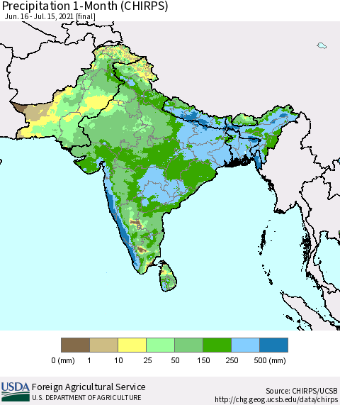 Southern Asia Precipitation 1-Month (CHIRPS) Thematic Map For 6/16/2021 - 7/15/2021