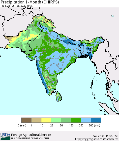 Southern Asia Precipitation 1-Month (CHIRPS) Thematic Map For 6/26/2021 - 7/25/2021
