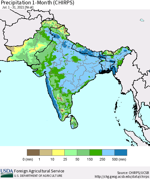 Southern Asia Precipitation 1-Month (CHIRPS) Thematic Map For 7/1/2021 - 7/31/2021