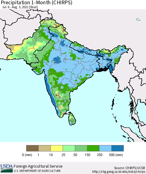 Southern Asia Precipitation 1-Month (CHIRPS) Thematic Map For 7/6/2021 - 8/5/2021
