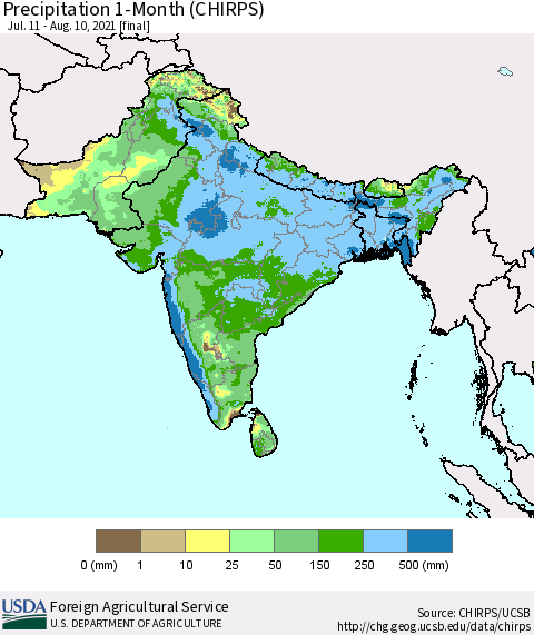 Southern Asia Precipitation 1-Month (CHIRPS) Thematic Map For 7/11/2021 - 8/10/2021