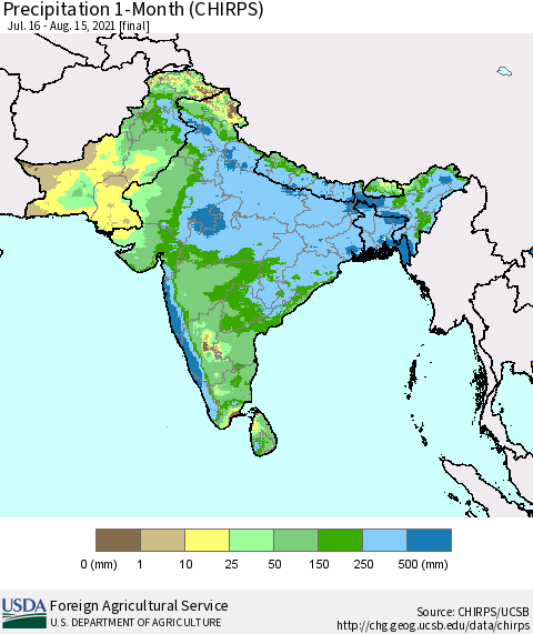 Southern Asia Precipitation 1-Month (CHIRPS) Thematic Map For 7/16/2021 - 8/15/2021