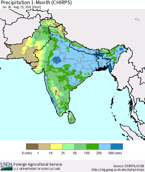 Southern Asia Precipitation 1-Month (CHIRPS) Thematic Map For 7/26/2021 - 8/25/2021