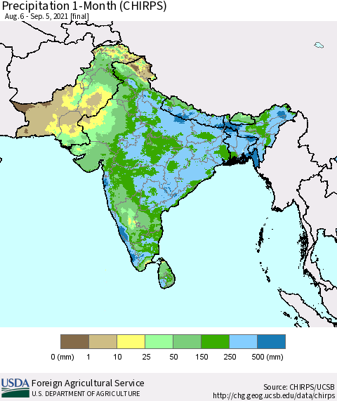 Southern Asia Precipitation 1-Month (CHIRPS) Thematic Map For 8/6/2021 - 9/5/2021