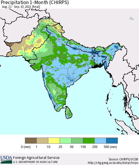 Southern Asia Precipitation 1-Month (CHIRPS) Thematic Map For 8/11/2021 - 9/10/2021