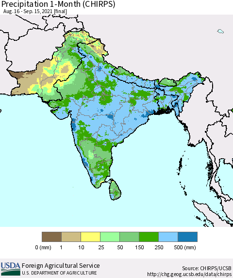 Southern Asia Precipitation 1-Month (CHIRPS) Thematic Map For 8/16/2021 - 9/15/2021