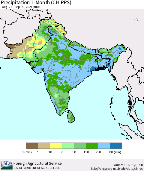 Southern Asia Precipitation 1-Month (CHIRPS) Thematic Map For 8/21/2021 - 9/20/2021