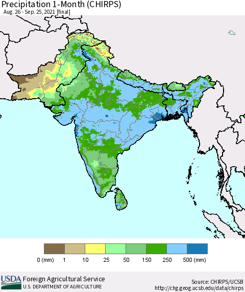 Southern Asia Precipitation 1-Month (CHIRPS) Thematic Map For 8/26/2021 - 9/25/2021