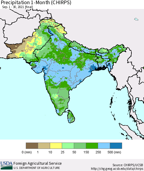 Southern Asia Precipitation 1-Month (CHIRPS) Thematic Map For 9/1/2021 - 9/30/2021