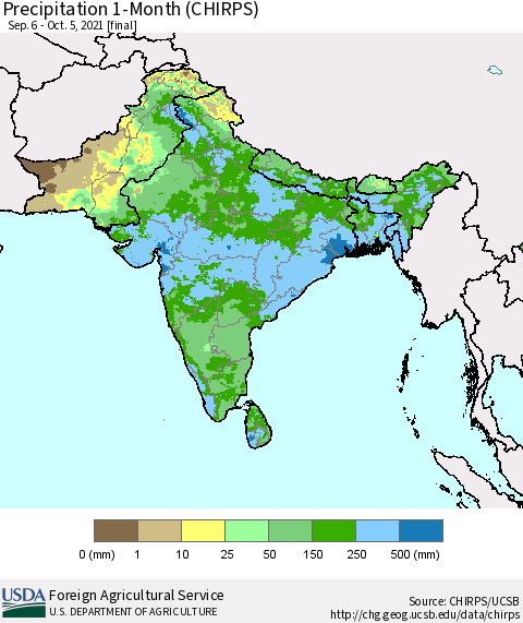 Southern Asia Precipitation 1-Month (CHIRPS) Thematic Map For 9/6/2021 - 10/5/2021