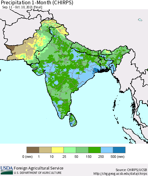 Southern Asia Precipitation 1-Month (CHIRPS) Thematic Map For 9/11/2021 - 10/10/2021