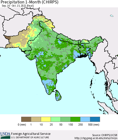 Southern Asia Precipitation 1-Month (CHIRPS) Thematic Map For 9/16/2021 - 10/15/2021