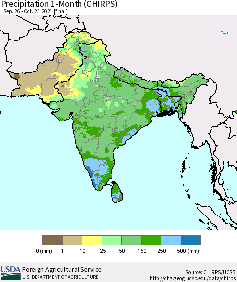 Southern Asia Precipitation 1-Month (CHIRPS) Thematic Map For 9/26/2021 - 10/25/2021