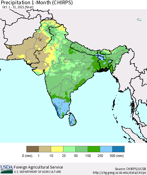 Southern Asia Precipitation 1-Month (CHIRPS) Thematic Map For 10/1/2021 - 10/31/2021
