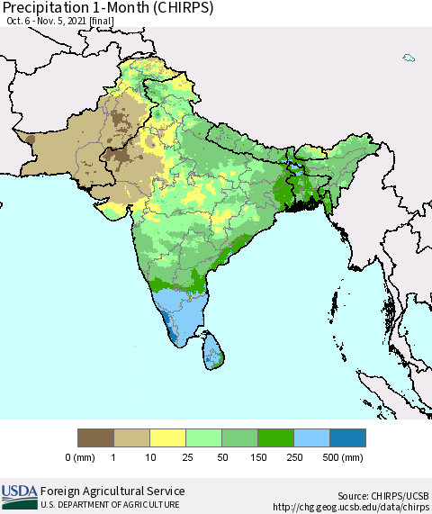 Southern Asia Precipitation 1-Month (CHIRPS) Thematic Map For 10/6/2021 - 11/5/2021