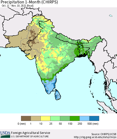Southern Asia Precipitation 1-Month (CHIRPS) Thematic Map For 10/11/2021 - 11/10/2021