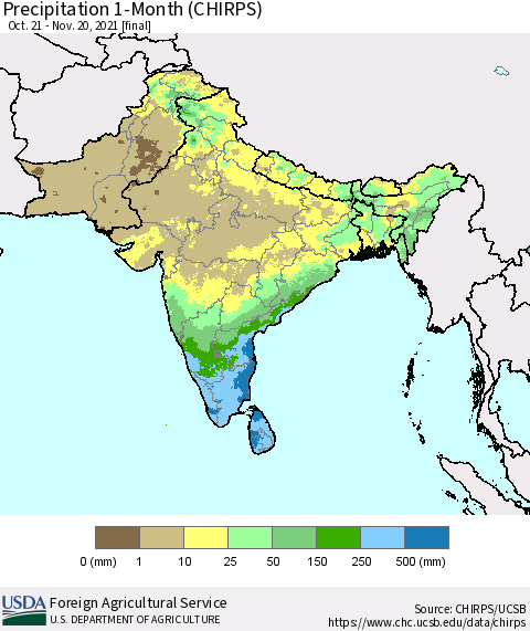 Southern Asia Precipitation 1-Month (CHIRPS) Thematic Map For 10/21/2021 - 11/20/2021