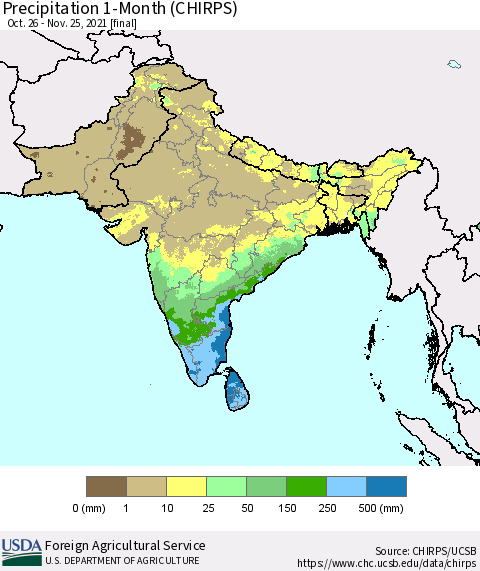 Southern Asia Precipitation 1-Month (CHIRPS) Thematic Map For 10/26/2021 - 11/25/2021