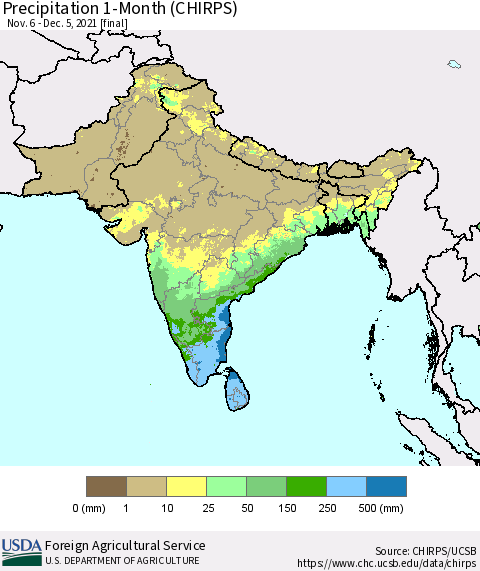 Southern Asia Precipitation 1-Month (CHIRPS) Thematic Map For 11/6/2021 - 12/5/2021