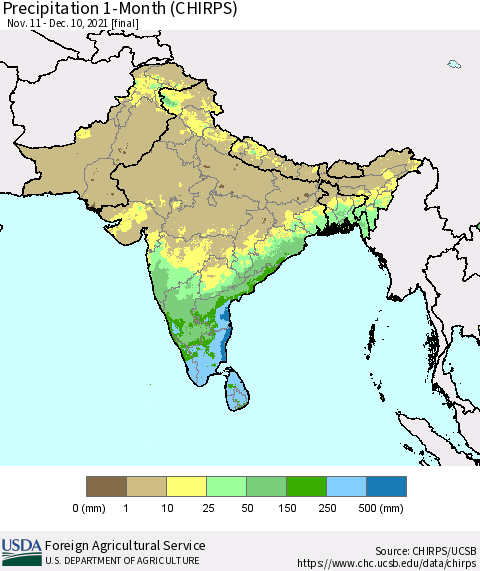 Southern Asia Precipitation 1-Month (CHIRPS) Thematic Map For 11/11/2021 - 12/10/2021