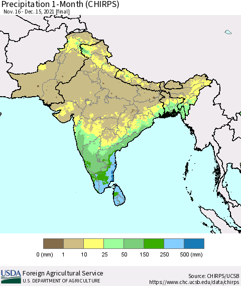Southern Asia Precipitation 1-Month (CHIRPS) Thematic Map For 11/16/2021 - 12/15/2021