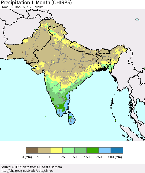 Southern Asia Precipitation 1-Month (CHIRPS) Thematic Map For 11/16/2021 - 12/15/2021