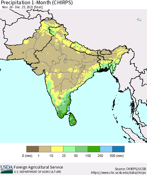 Southern Asia Precipitation 1-Month (CHIRPS) Thematic Map For 11/26/2021 - 12/25/2021