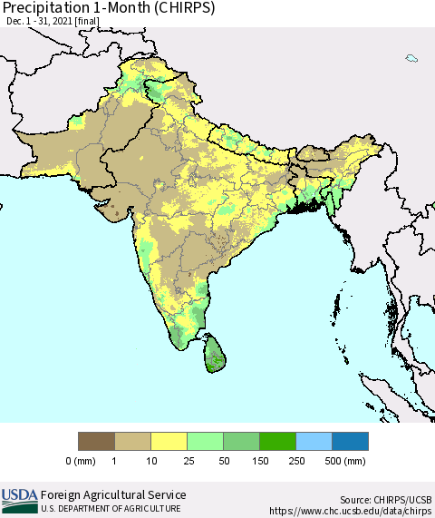 Southern Asia Precipitation 1-Month (CHIRPS) Thematic Map For 12/1/2021 - 12/31/2021