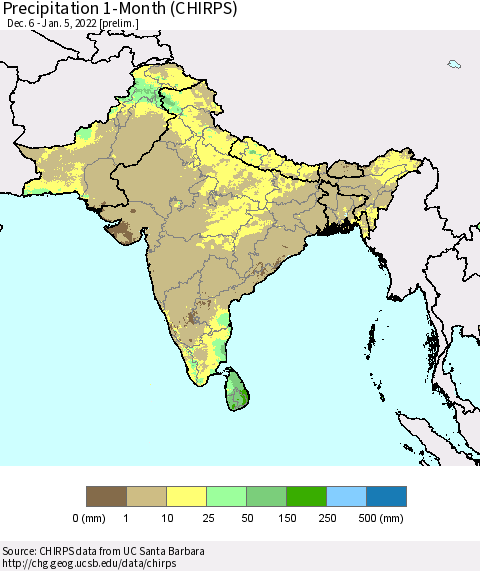 Southern Asia Precipitation 1-Month (CHIRPS) Thematic Map For 12/6/2021 - 1/5/2022