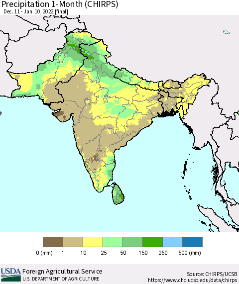 Southern Asia Precipitation 1-Month (CHIRPS) Thematic Map For 12/11/2021 - 1/10/2022