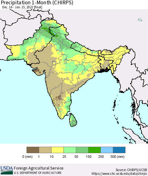 Southern Asia Precipitation 1-Month (CHIRPS) Thematic Map For 12/16/2021 - 1/15/2022