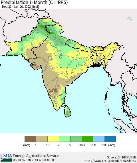 Southern Asia Precipitation 1-Month (CHIRPS) Thematic Map For 12/21/2021 - 1/20/2022