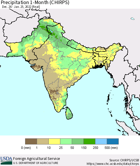 Southern Asia Precipitation 1-Month (CHIRPS) Thematic Map For 12/26/2021 - 1/25/2022
