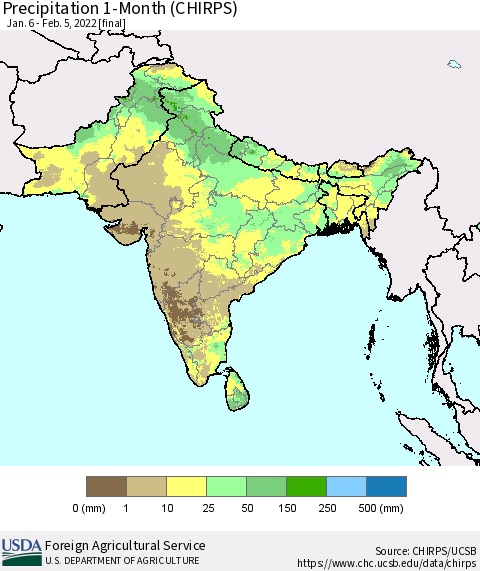 Southern Asia Precipitation 1-Month (CHIRPS) Thematic Map For 1/6/2022 - 2/5/2022
