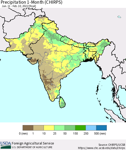 Southern Asia Precipitation 1-Month (CHIRPS) Thematic Map For 1/11/2022 - 2/10/2022