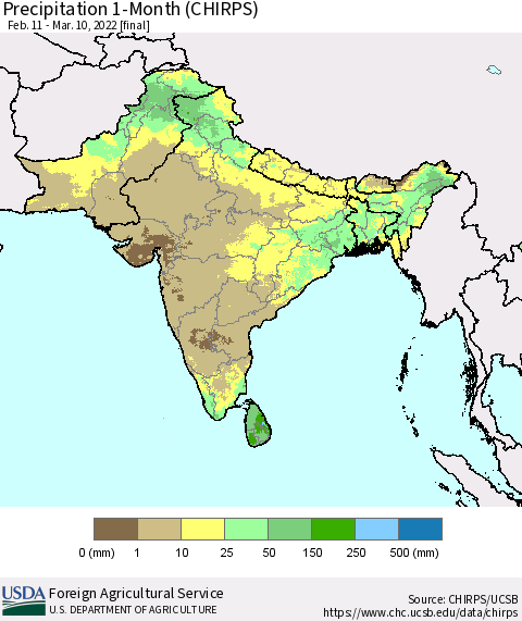 Southern Asia Precipitation 1-Month (CHIRPS) Thematic Map For 2/11/2022 - 3/10/2022