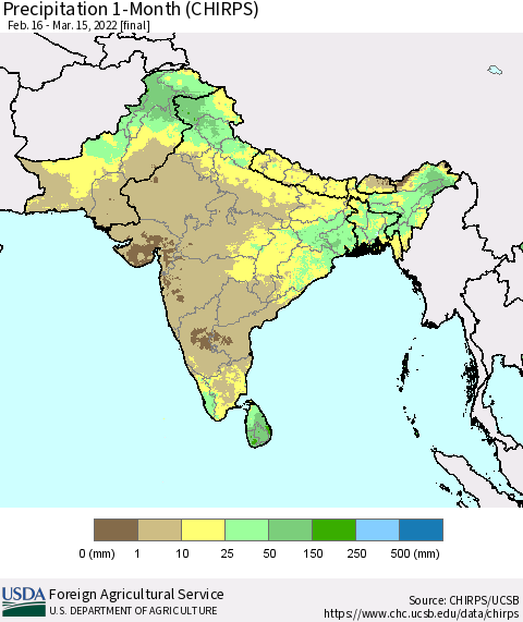 Southern Asia Precipitation 1-Month (CHIRPS) Thematic Map For 2/16/2022 - 3/15/2022