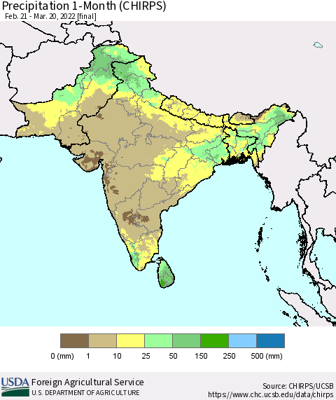 Southern Asia Precipitation 1-Month (CHIRPS) Thematic Map For 2/21/2022 - 3/20/2022