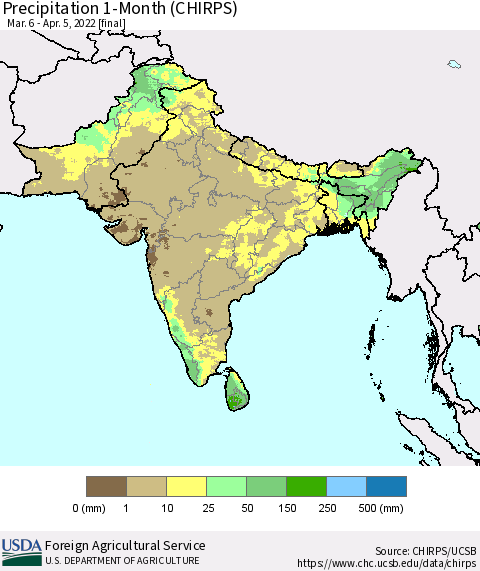 Southern Asia Precipitation 1-Month (CHIRPS) Thematic Map For 3/6/2022 - 4/5/2022