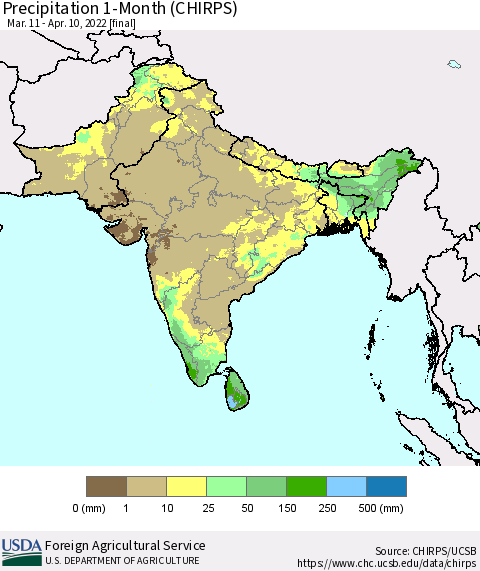 Southern Asia Precipitation 1-Month (CHIRPS) Thematic Map For 3/11/2022 - 4/10/2022