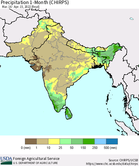 Southern Asia Precipitation 1-Month (CHIRPS) Thematic Map For 3/16/2022 - 4/15/2022