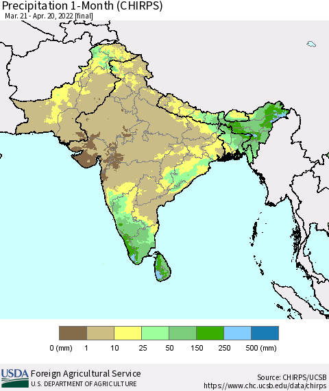 Southern Asia Precipitation 1-Month (CHIRPS) Thematic Map For 3/21/2022 - 4/20/2022