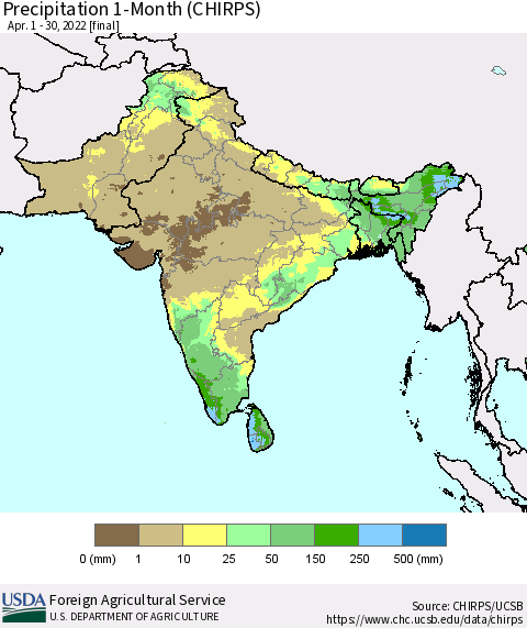Southern Asia Precipitation 1-Month (CHIRPS) Thematic Map For 4/1/2022 - 4/30/2022