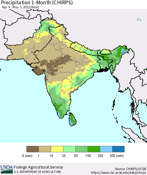 Southern Asia Precipitation 1-Month (CHIRPS) Thematic Map For 4/6/2022 - 5/5/2022