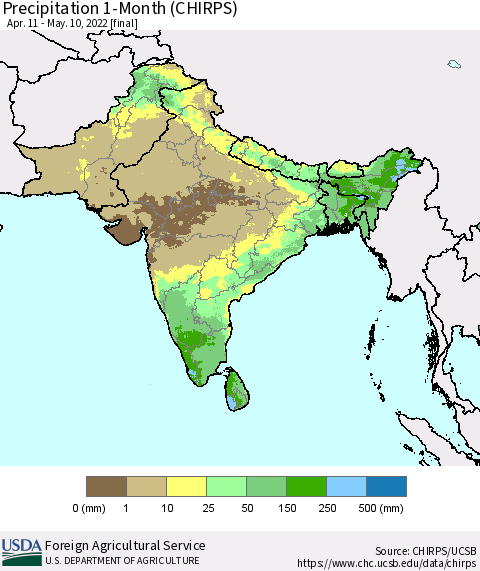 Southern Asia Precipitation 1-Month (CHIRPS) Thematic Map For 4/11/2022 - 5/10/2022