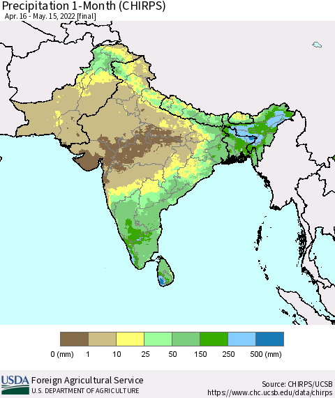 Southern Asia Precipitation 1-Month (CHIRPS) Thematic Map For 4/16/2022 - 5/15/2022
