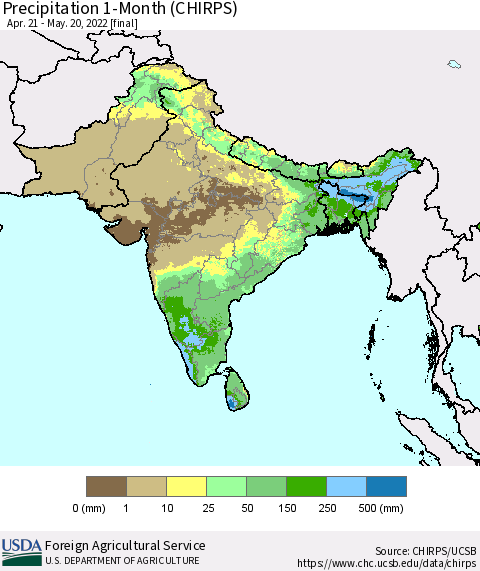 Southern Asia Precipitation 1-Month (CHIRPS) Thematic Map For 4/21/2022 - 5/20/2022