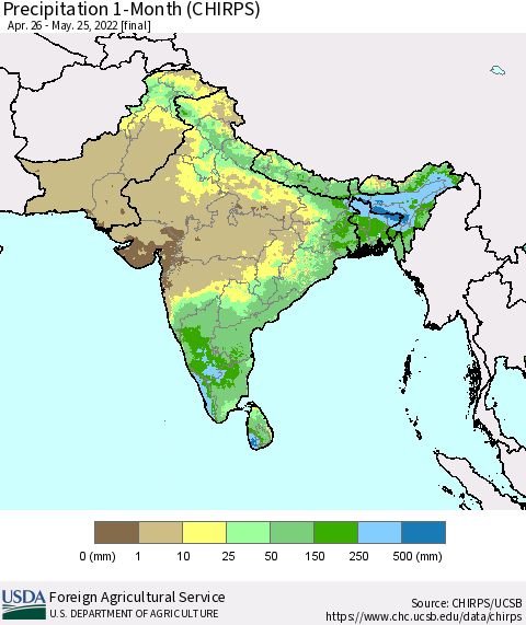 Southern Asia Precipitation 1-Month (CHIRPS) Thematic Map For 4/26/2022 - 5/25/2022